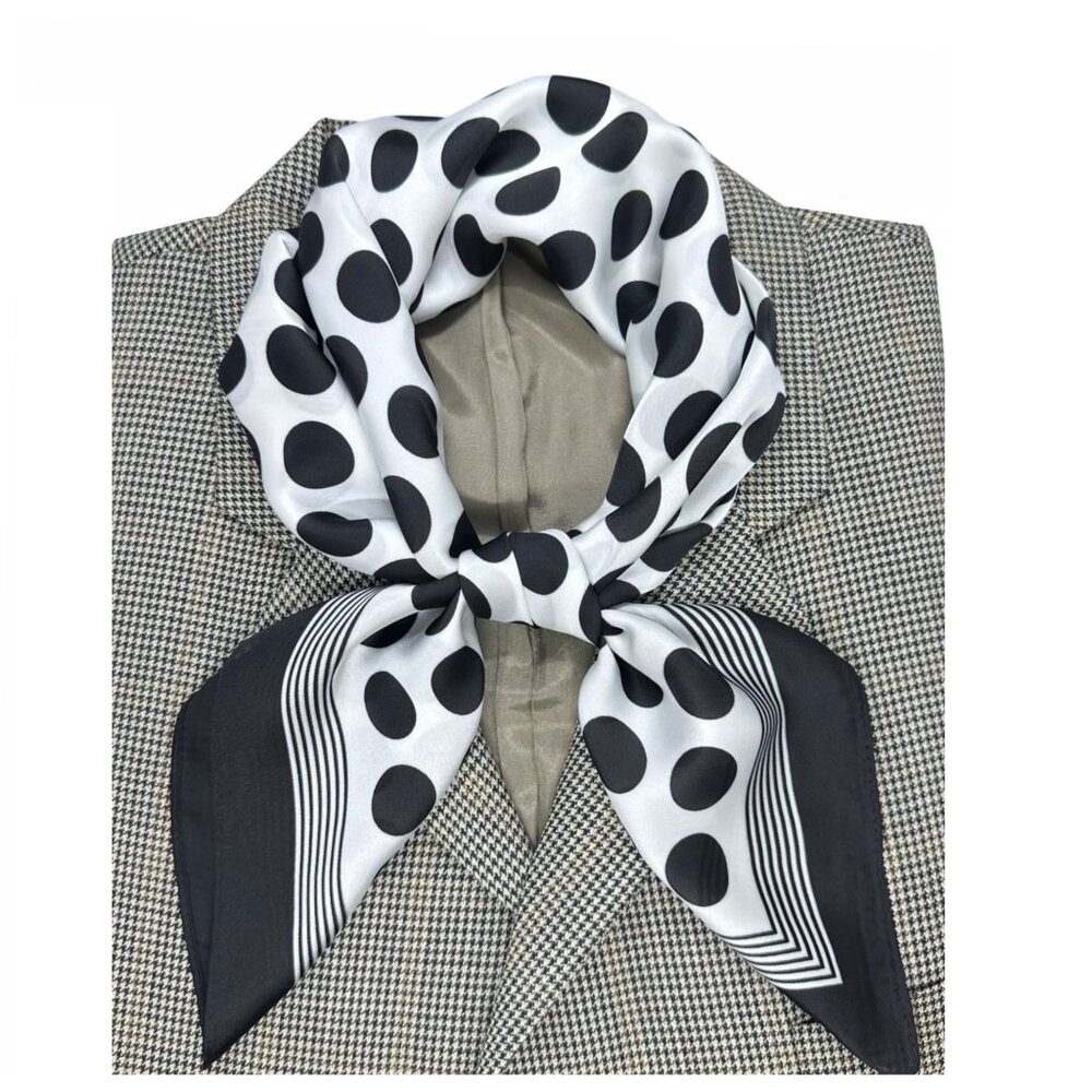 ✨Luxurious Retro Chic Silky Scarf Black White Polka Dot Geometric Print Square✨
